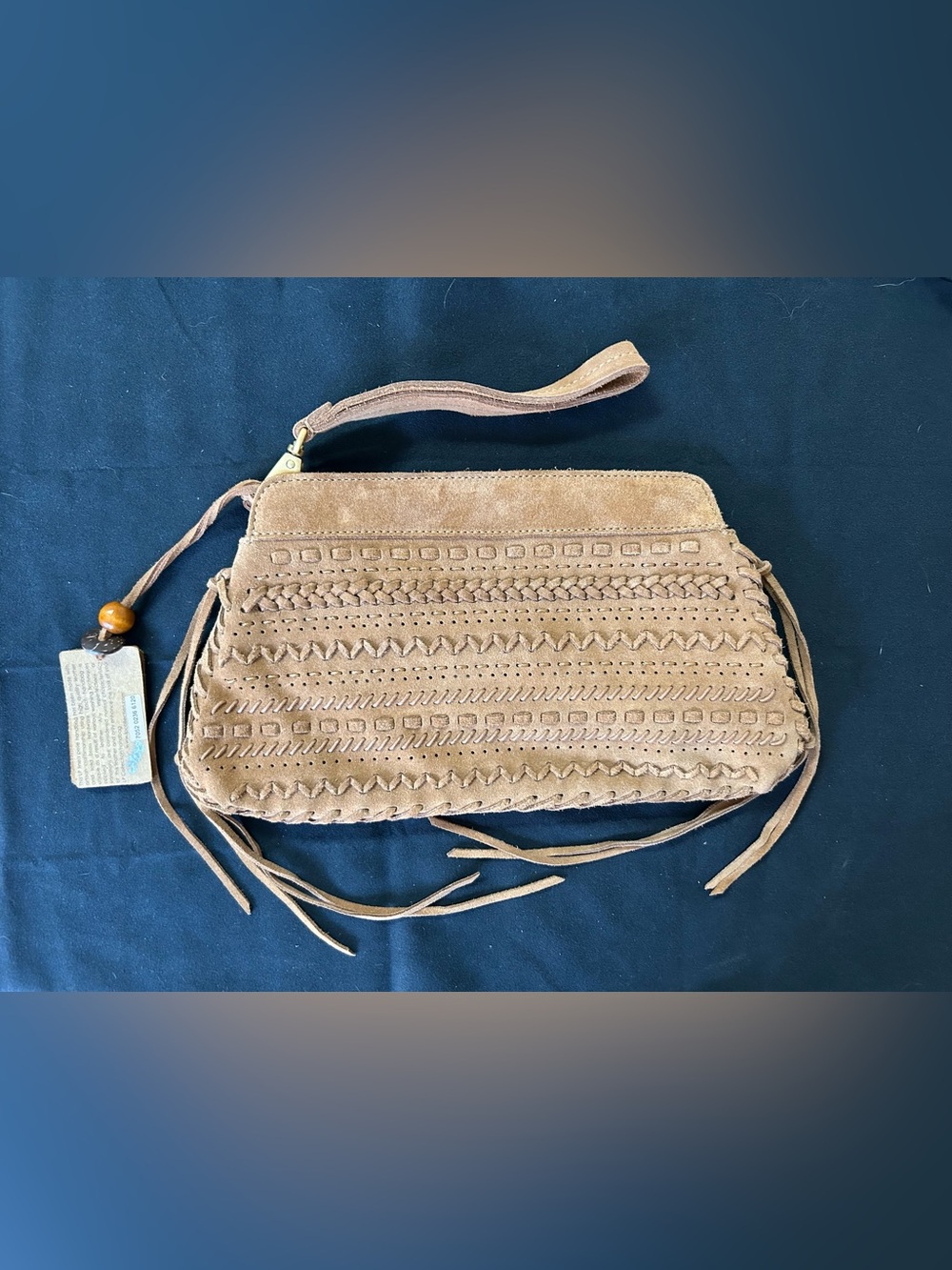 Linea Pelle Tan Suede Wristlet Clutch with Braided Trim